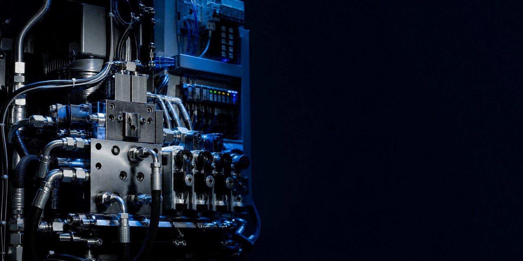 Hydraulischer Ventilblock vor einem präzise aufgebauten Industrieschaltschrank